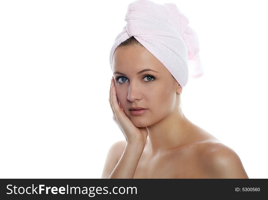 Beauty Portrait of beautiful woman wearing a towel on her head. Beauty Portrait of beautiful woman wearing a towel on her head