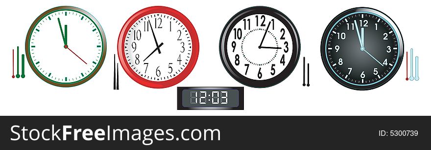 Vector illustration of four analog and one digital clocks