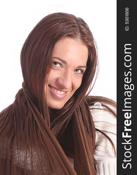 Beautiful young a woman with brown scarf on white background