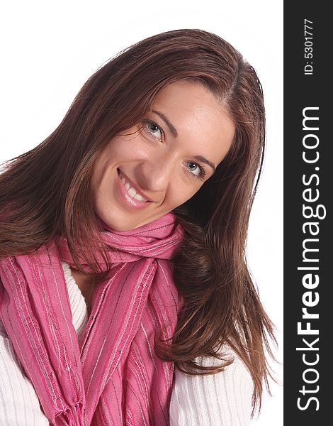 Beautiful young a woman with scarf on white background