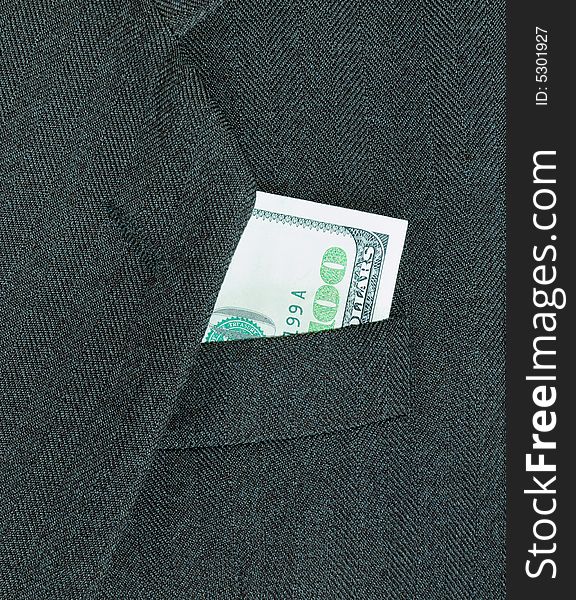 100 dollars, peeking out from the pocket of coat. 100 dollars, peeking out from the pocket of coat