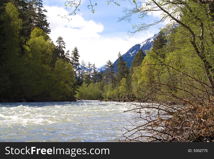 Mountain panorama, forest and river. Mountain panorama, forest and river