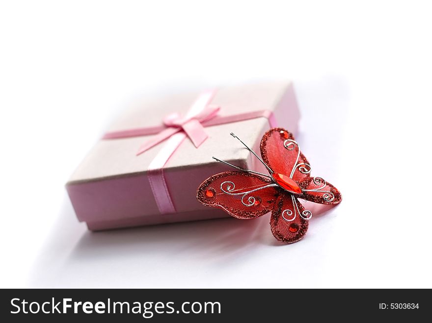 Tender gift, prize with butterfly isolated on white background. Tender gift, prize with butterfly isolated on white background