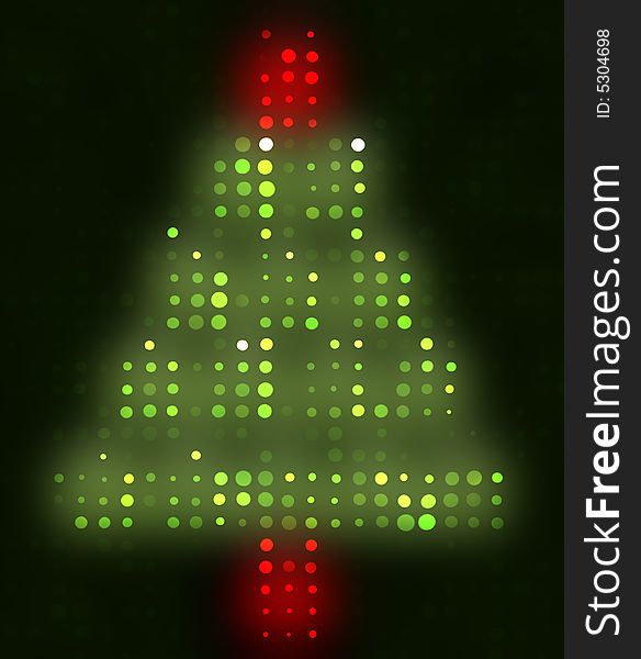 Design of a bright, shining, sparkling Christmas tree made of green and red lights isolated on a black background. Design of a bright, shining, sparkling Christmas tree made of green and red lights isolated on a black background.