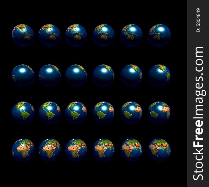 An image of multiple earths rotating in 15 degree increments and viewed from the equator. An image of multiple earths rotating in 15 degree increments and viewed from the equator.