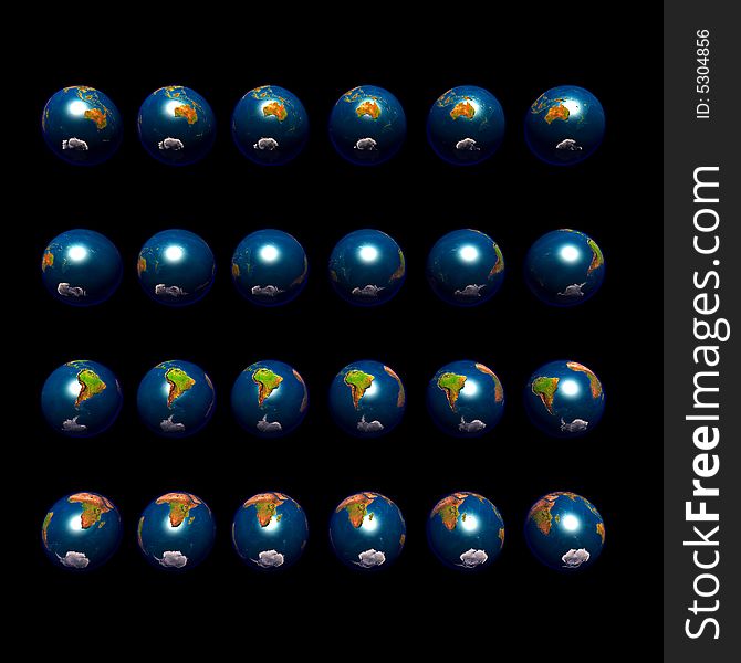 An image of multiple earths rotating in 15 degree increments and viewed from a northerly latitude. An image of multiple earths rotating in 15 degree increments and viewed from a northerly latitude.