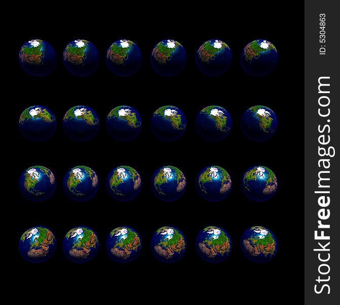 An image of multiple earths rotating in 15 degree increments and viewed from a southerly latitude. An image of multiple earths rotating in 15 degree increments and viewed from a southerly latitude.
