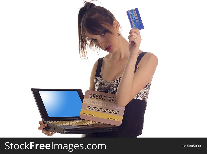 Young woman holding internet credit cards on white backgrounds