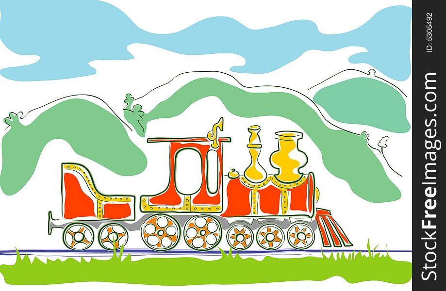 Simple coloured drawing of old small steam engine, stylised like illustration for children with landscape back round. Simple coloured drawing of old small steam engine, stylised like illustration for children with landscape back round