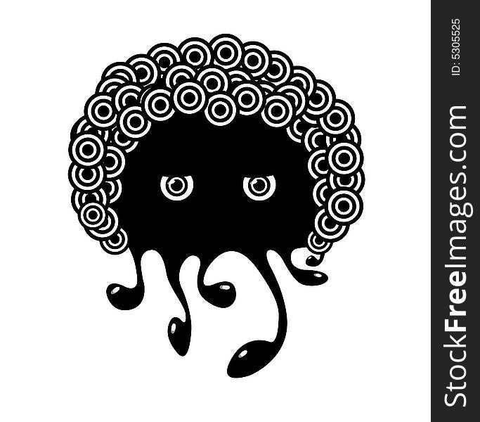 Cartoon octopus with hair in black and white colour