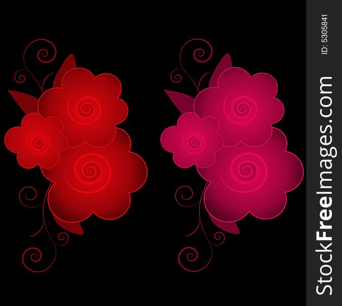 An illustration featuring your choice of red or dark pink floral designs for black backgrounds. An illustration featuring your choice of red or dark pink floral designs for black backgrounds
