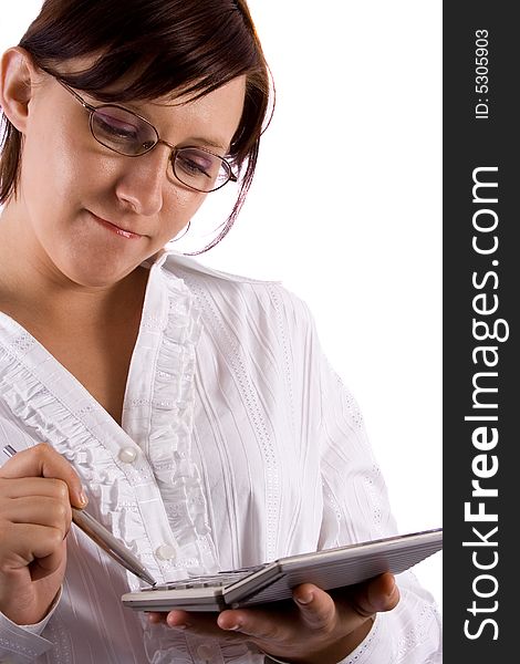 Woman with calculator on white. Woman with calculator on white
