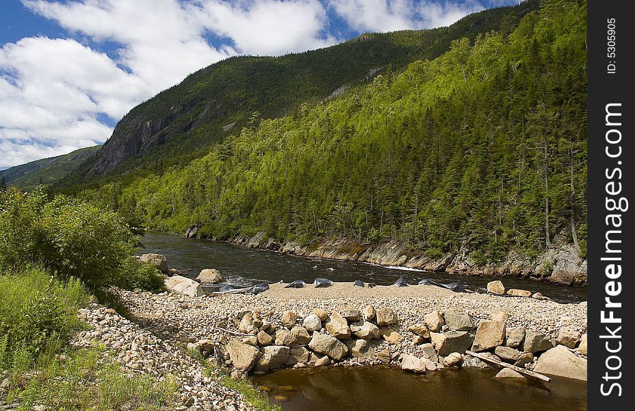 Beautiful landscape with mountains river and forest