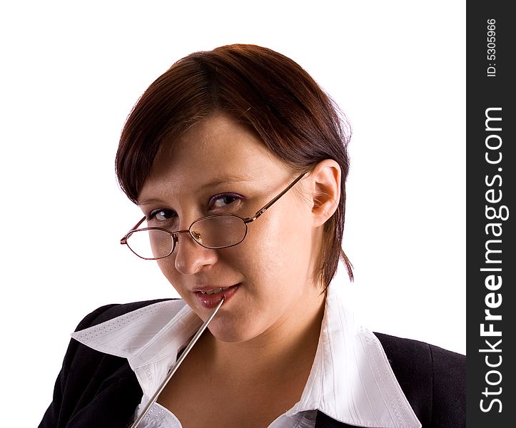 Businesswoman with pointer on the white