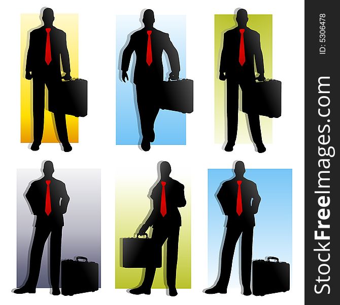 A  illustration featuring 6 individual male businessmen silhouette figures in various poses set against various coloured backgrounds with red ties and briefcases. A  illustration featuring 6 individual male businessmen silhouette figures in various poses set against various coloured backgrounds with red ties and briefcases