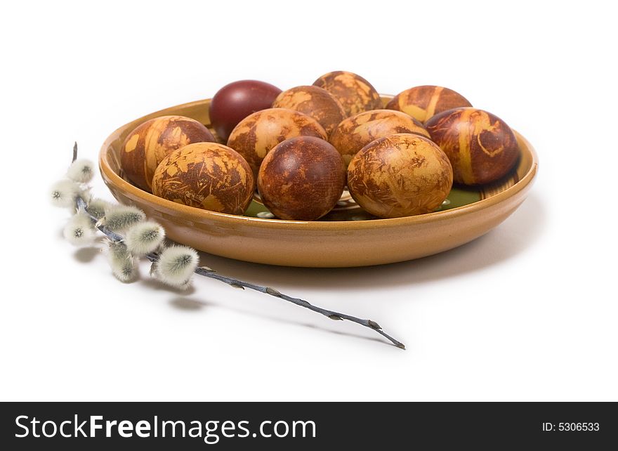 Closeup of Easter eggs on white background with shadow