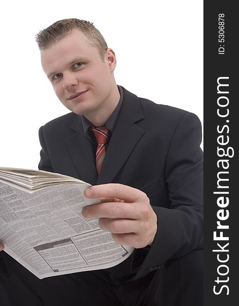 Man with newspaper against a white background