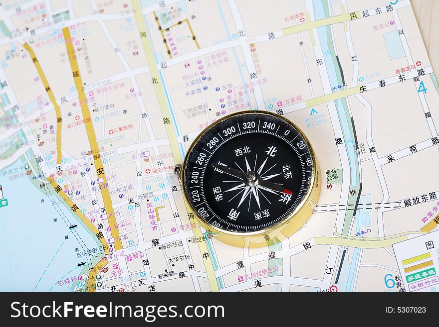 Chinese compass on chinese map. Chinese compass on chinese map