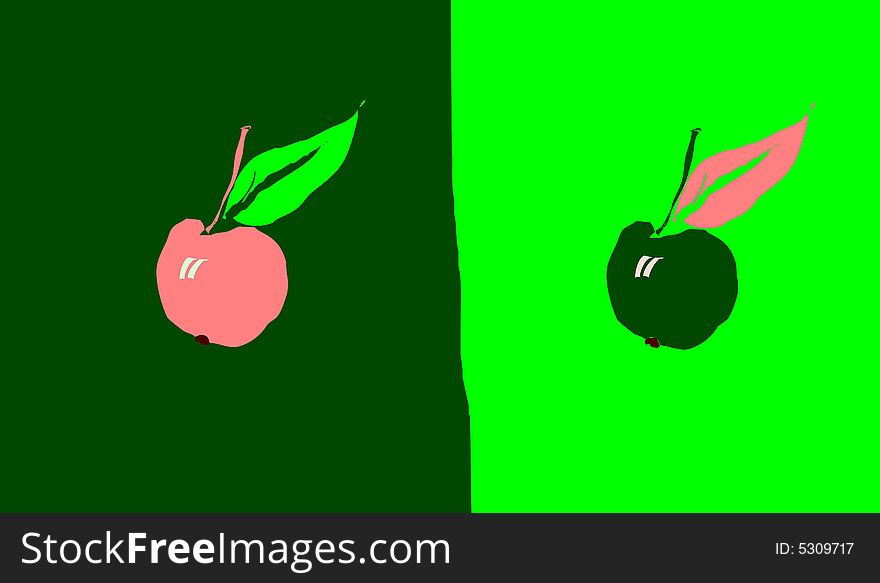 The illustration two apples on a bright background harmony and contrast. The illustration two apples on a bright background harmony and contrast