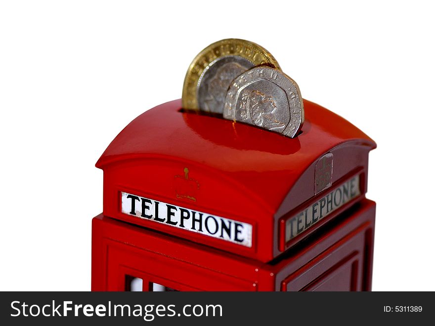 Money box in British phone box shape. Money box in British phone box shape.