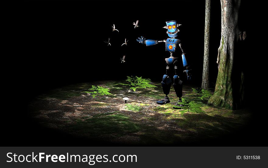 Cg render of cartoon robot in forest