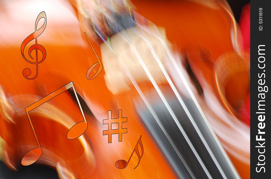 Conceptual image of musical notes over blurred violin. Conceptual image of musical notes over blurred violin