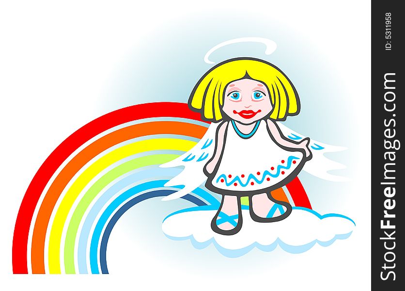 Cheerful angel and rainbow isolated on a white  background.