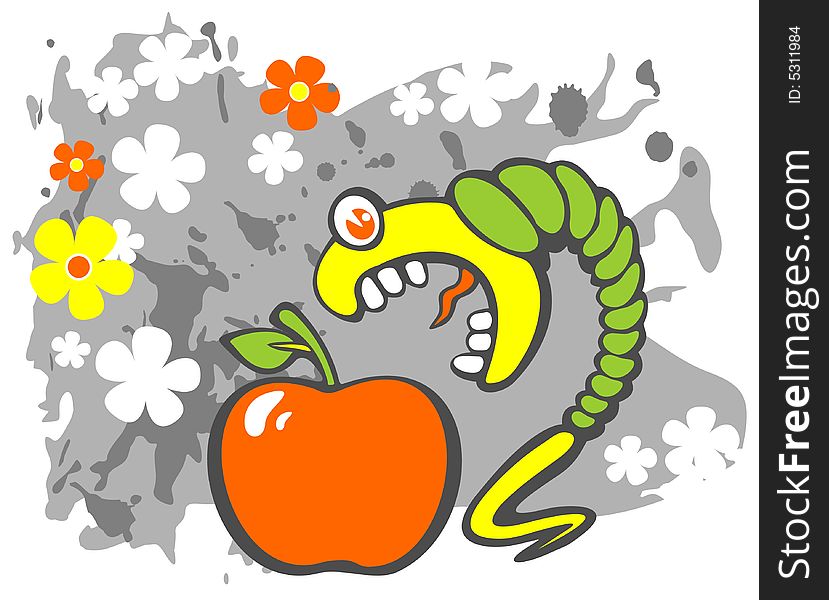 Stylized caterpillar and apple on a gray grunge background with flowers.