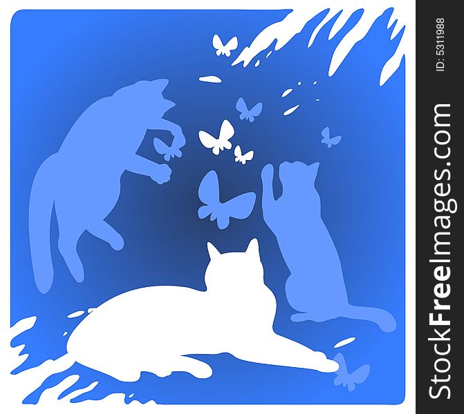Three cats silhouettes and butterflies on a blue background. Three cats silhouettes and butterflies on a blue background.