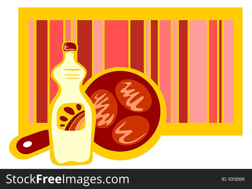 Bottle of vegetable oil and frying pan with cutlets on a striped background.