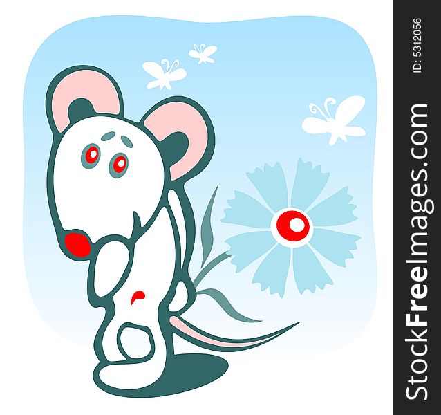 Cheerful mousy and flower on a blue background.