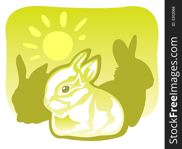 Three rabbits and sun on a green background.