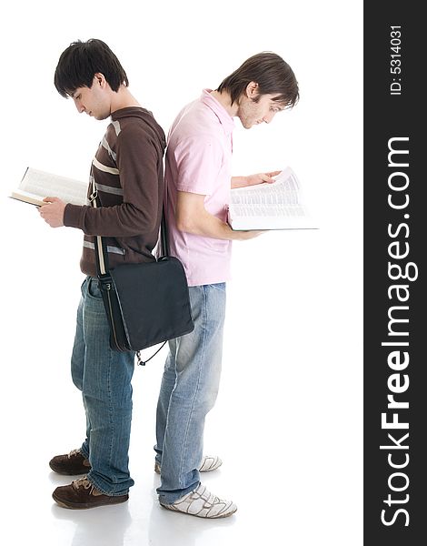 The two young students isolated on a white background