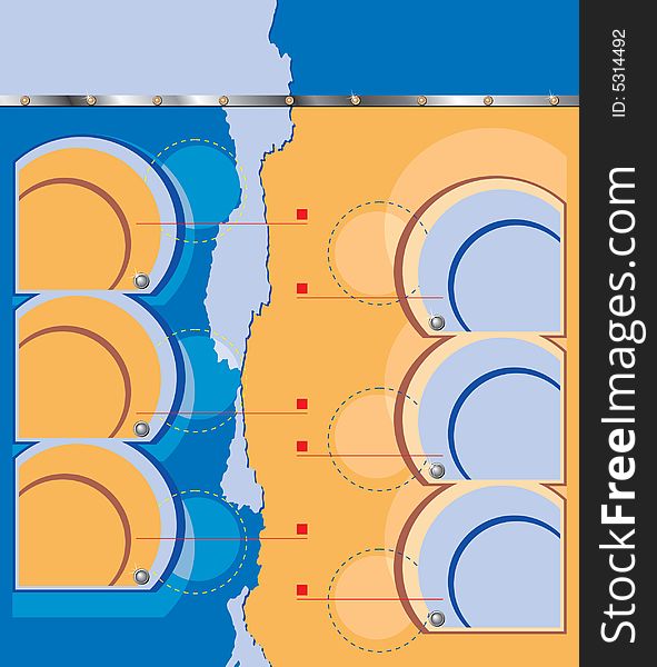 Vertical abstract blue-orange background in technical style with circles and rivets