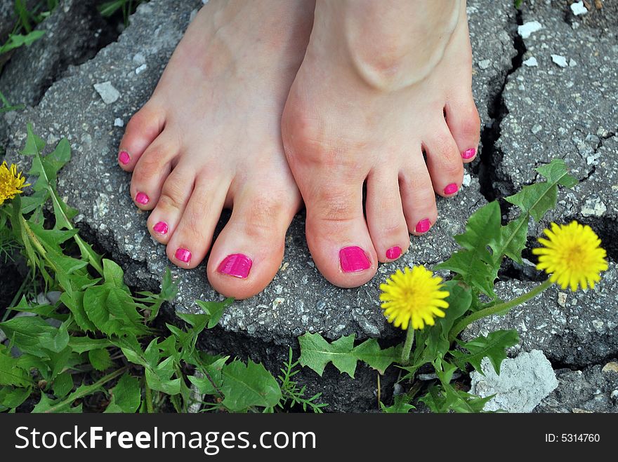 Sexy foots on asphalt islet