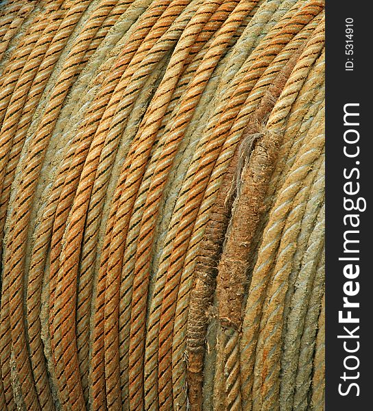 Coiled rope detail on the deck of a fishing ship in Japan