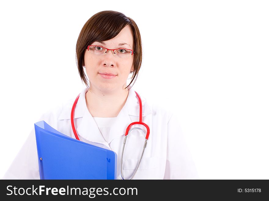 Young female doctor holds blue folder with files