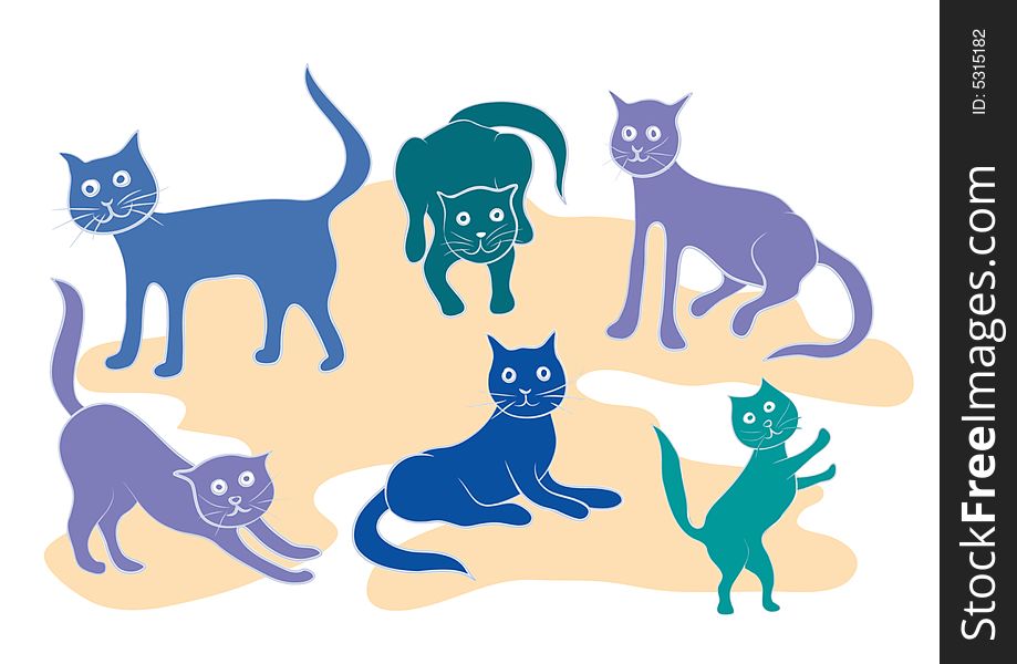 Simple coloured drawing of six cats at diferet positions, stylised like illustration for children. Simple coloured drawing of six cats at diferet positions, stylised like illustration for children