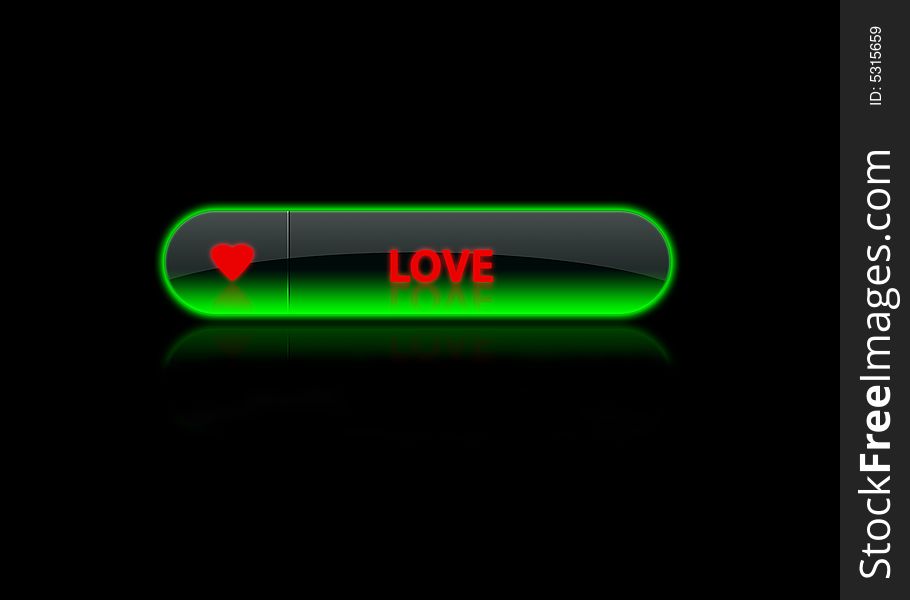 Green neon button love, black back ground