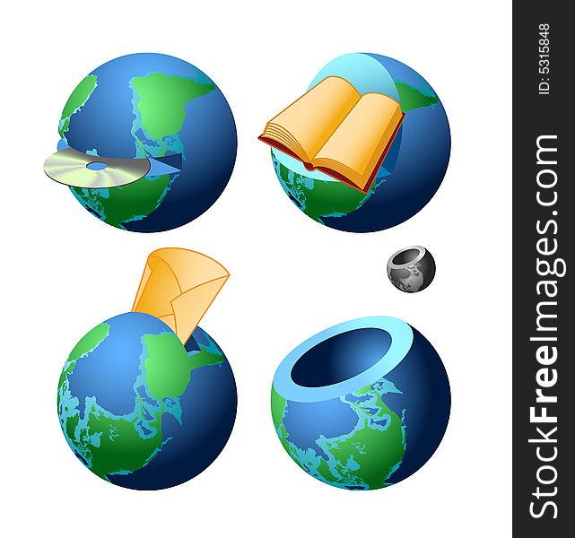 Icons with globes on a white background