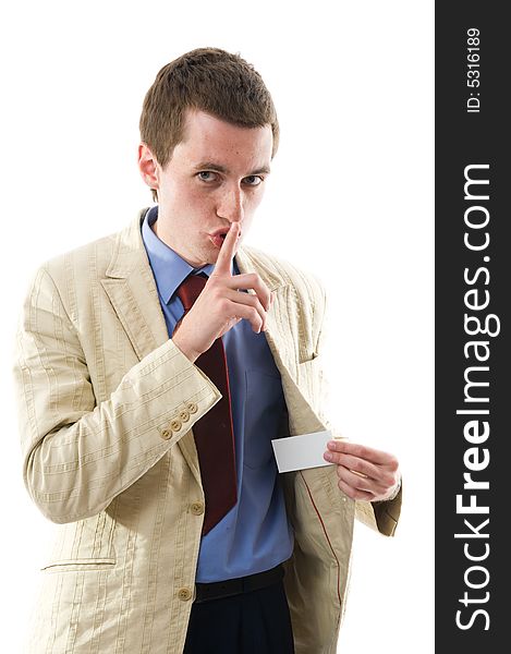 Business man showing his blank.  Shows a symbol of silence. Isolated over white.