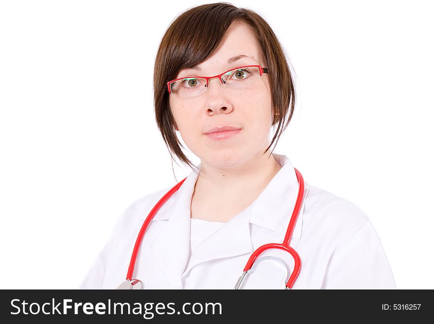Young female doctor isolated on white, red specs