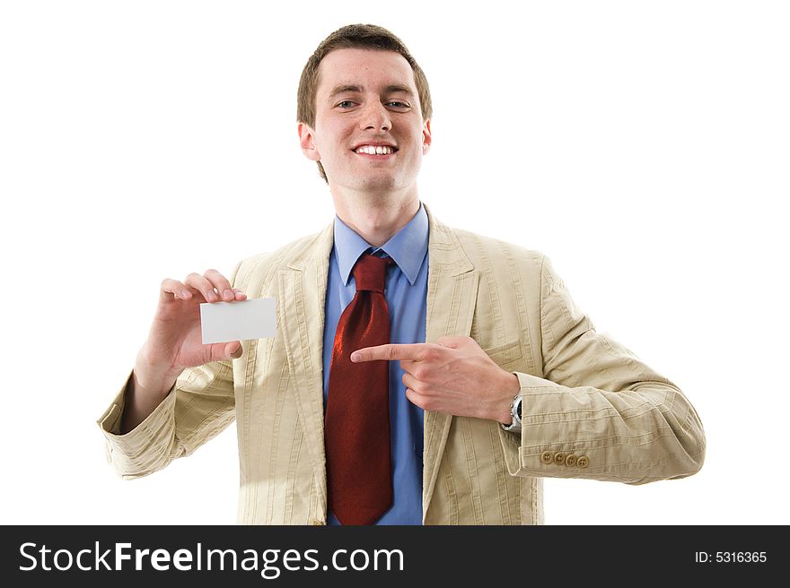 Smiling business man showing his blank. Isolated over white