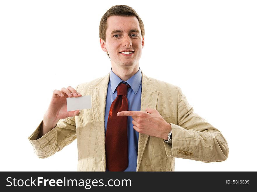 Happy business man showing his blank. Isolated over white