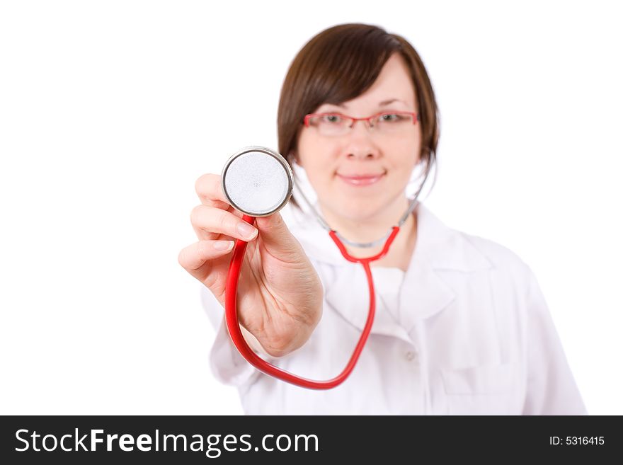 Female doc with red stethoscope and red specs, focus is on stethoscope, model i lightly blured. Female doc with red stethoscope and red specs, focus is on stethoscope, model i lightly blured