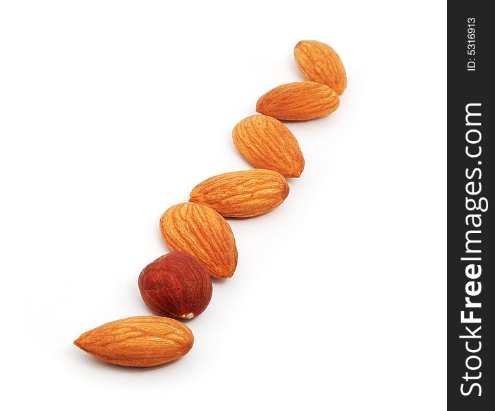 Row of almonds and one hazel on the white background. Row of almonds and one hazel on the white background