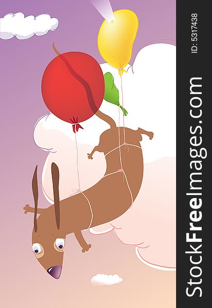 Little dachshund puppy flying with colored balloons. Little dachshund puppy flying with colored balloons