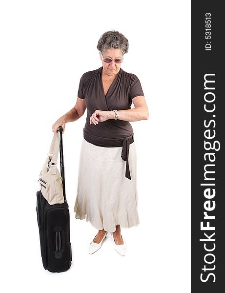 Retired lady traveler with suitcase - over white. Retired lady traveler with suitcase - over white