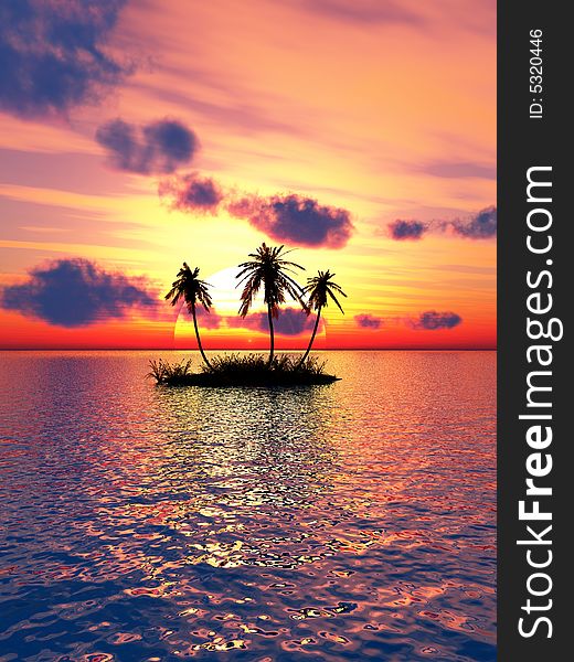 Sunset coconut palm trees on small island - 3d illustration.