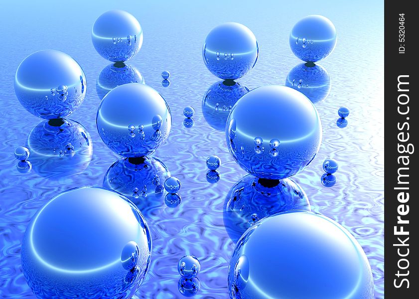 Blue  balls reflecting on a mirror surface - digital artwork. Blue  balls reflecting on a mirror surface - digital artwork.